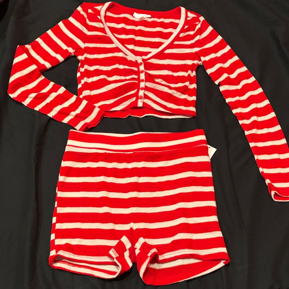 Red and White Striped Crop Top and Shorts PJ’s Set
